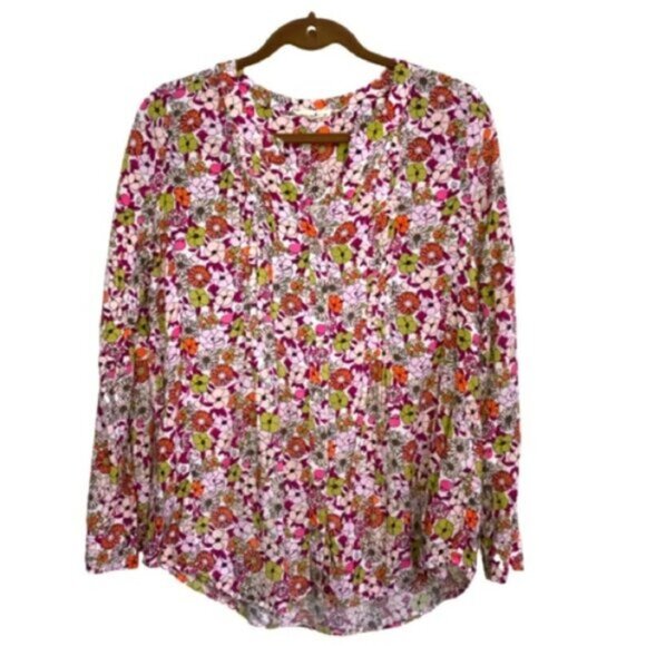 Jane & Delancey Floral Blouse Top M Floral Vneck Long  Sleeve Pleat - Picture 1 of 10
